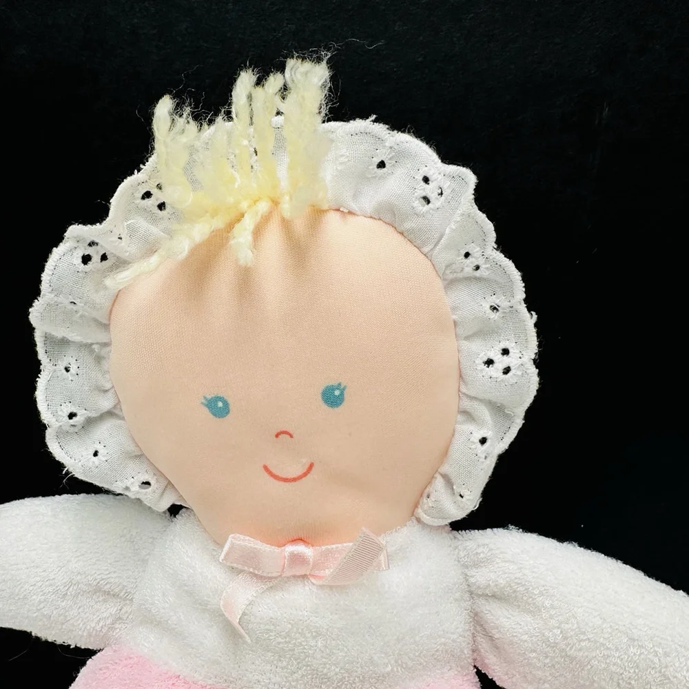 Vintage Eden Pink White Doll Terry Cloth Blue Eyes Bonnet Lace Soft Plush 10”Toy - Picture 2 of 11